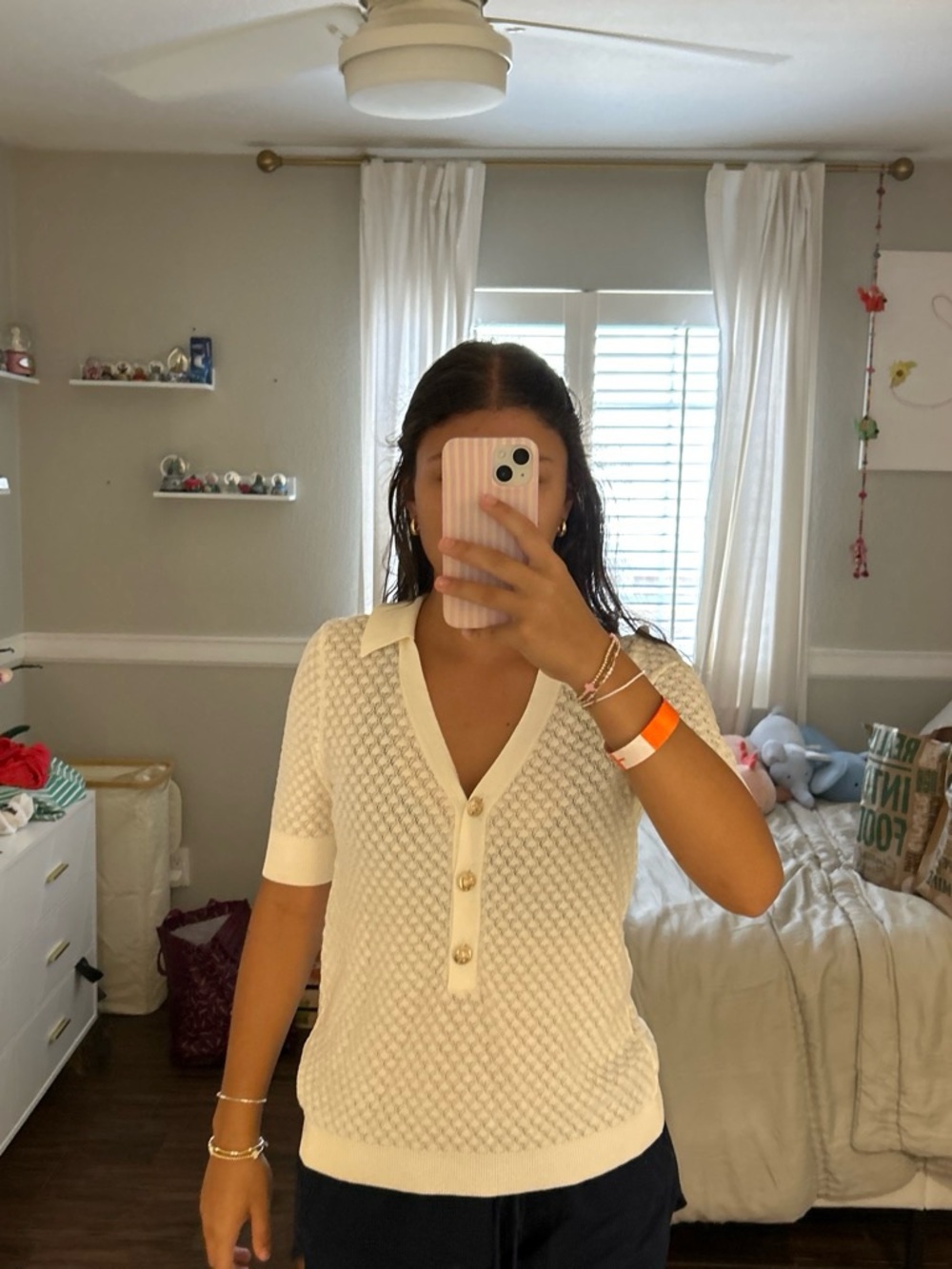 And Taylor Cream Knit Short-Sleeve Polo Top